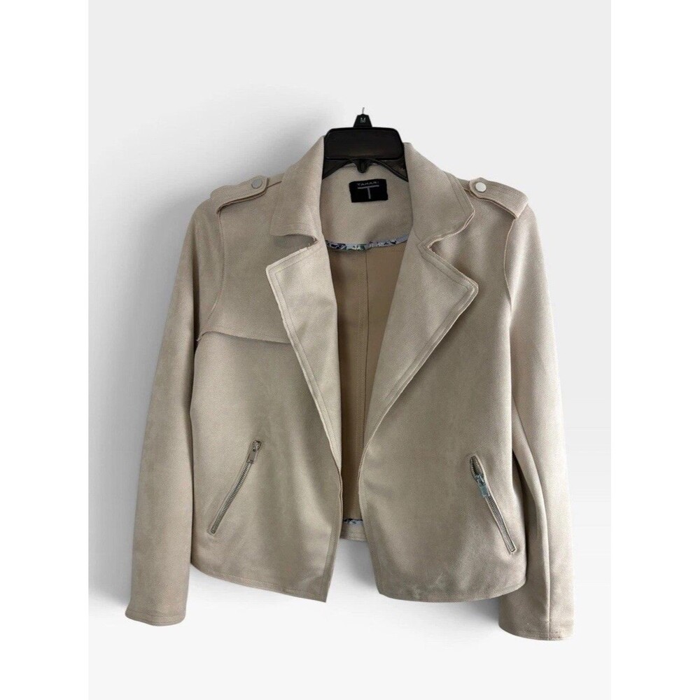 Tahari Womens Jacket Adult Size Large Faux Suede Moto Silver Zippers Pockets